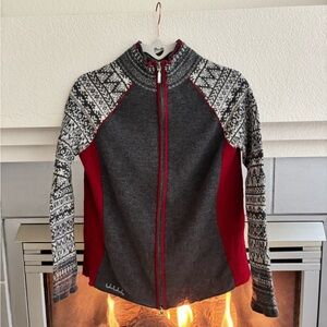 Eddie Bauer 100% Merino Wool Large Zip Up Nordic Patterned Sweater Gray & Red L